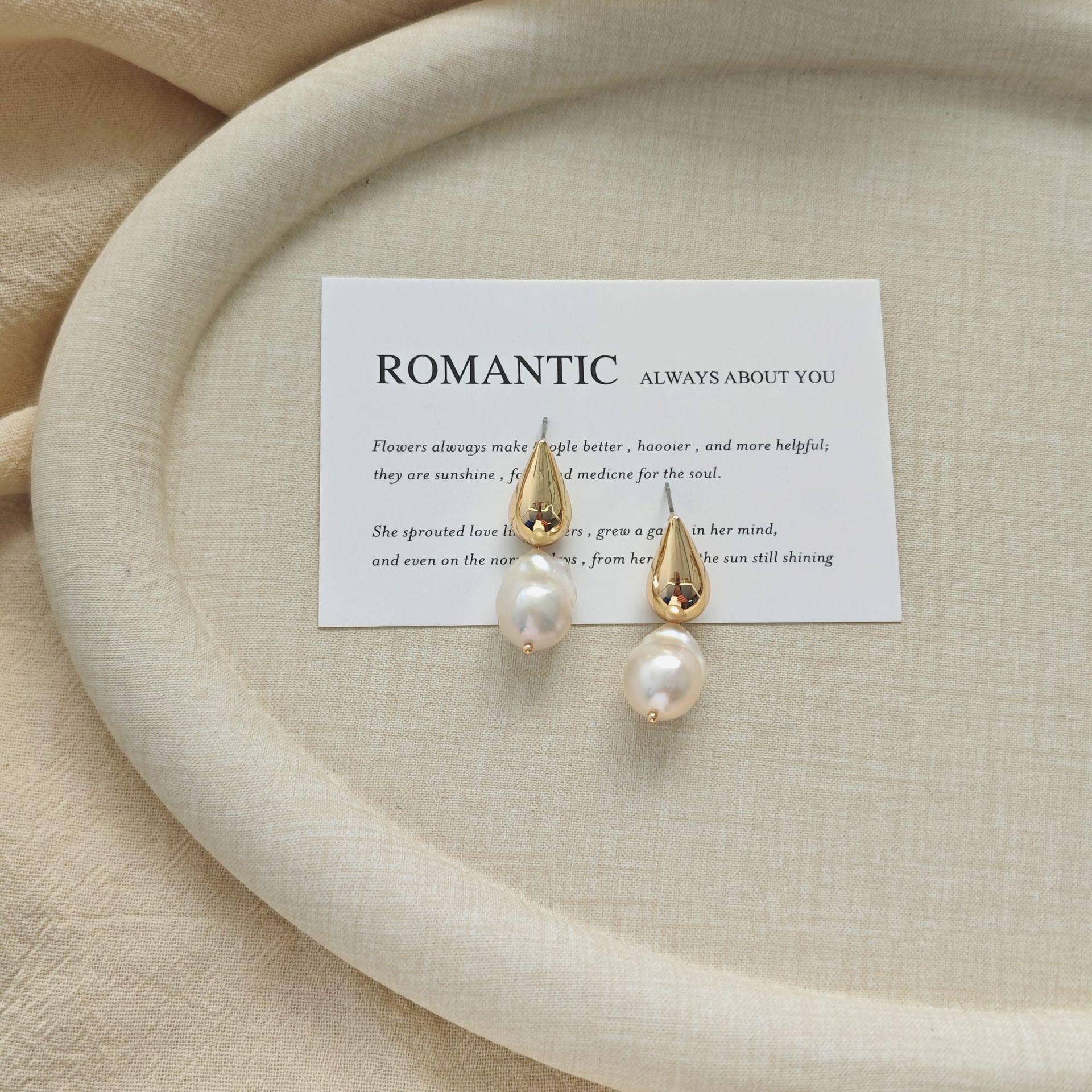 European Gold Water Drop Freshwater Pearl Stud Earrings - Women s Light Luxury Fashion Niche Design