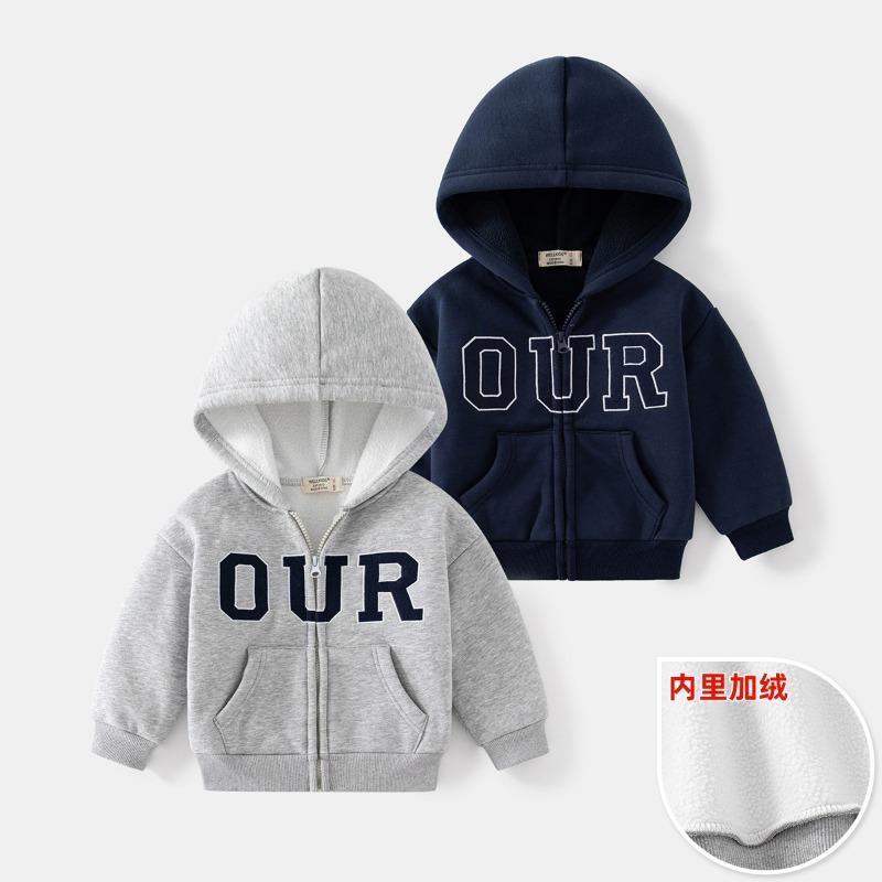Boys Casual Letter Printed Fleece Lined Hooded Long Sleeve Zip Up Jacket