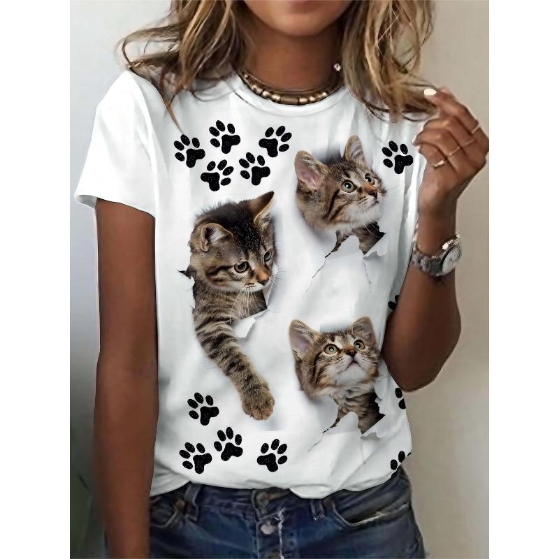 

1pc WhimsyCat Women s Casual T-shirt, 3D Cat Paw Print Design, Round Neck, Slightly Stretchy Fabric, Comfortable for All Seasons S