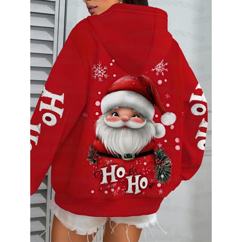 Autumn and Winter Women's Plus Size Christmas Santa Claus Print Hooded Sweatshirt Cozy Pullover Sweatshirt Holiday Outfits
