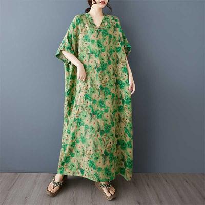 Summer Color V-neck Retro Long Skirt Cotton Linen Dress