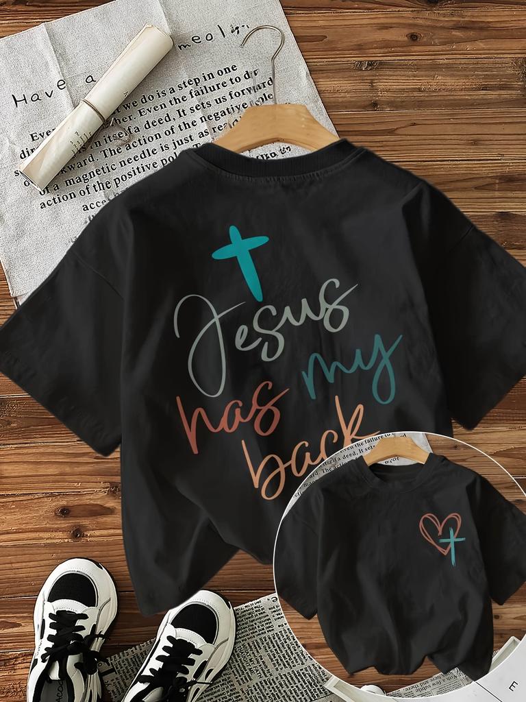 Handwritten Style Cross Text Jesus Has My Letter Printed Unisexs Tshirt Casual Round Neck Top Harajuku Sleeve Unisexs Clothing