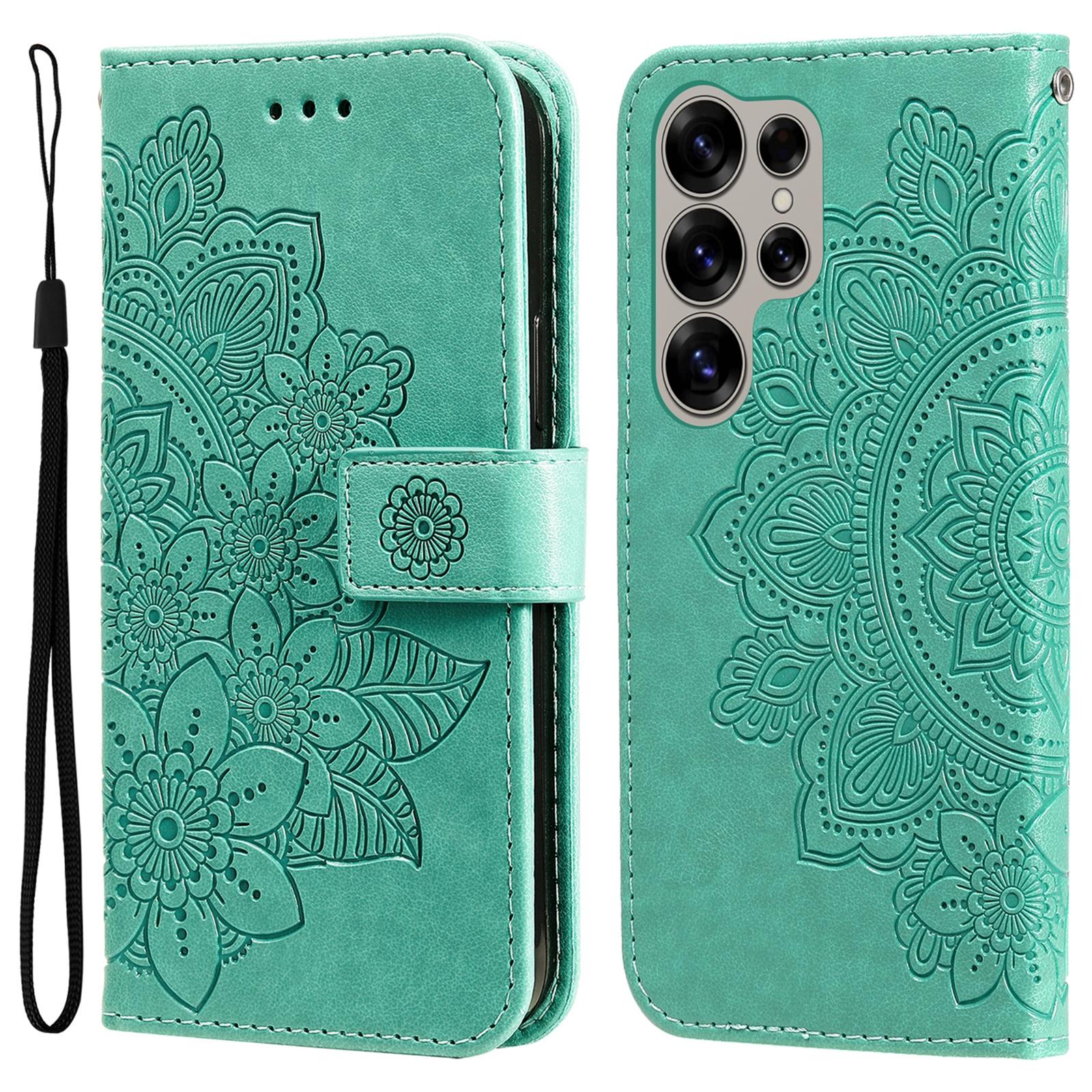 

For Samsung Galaxy S25 Ultra Case Floral Pattern PU Leather Wallet Stand Phone Cover Green