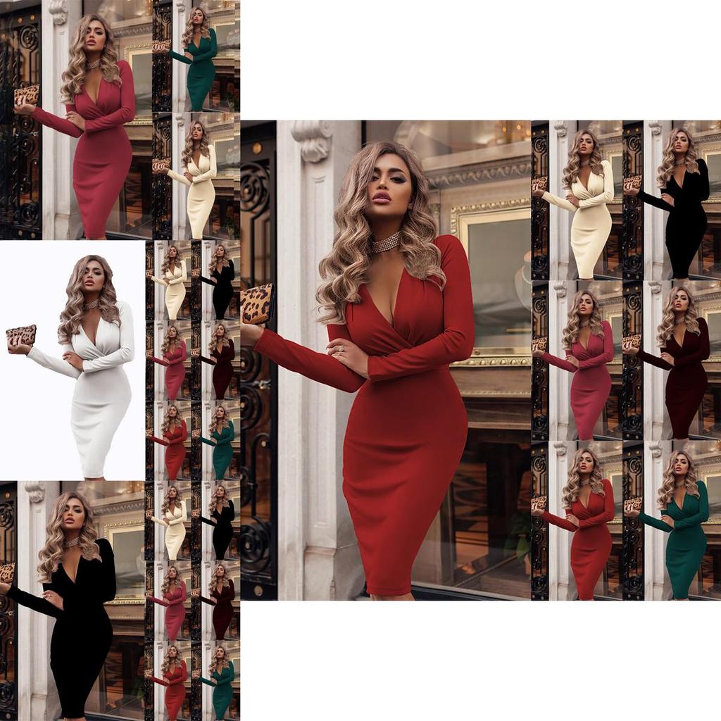 Neck Women V Long Sleeve Bodycon Sexy Dress Ladies Casual Evening Clubwear Party