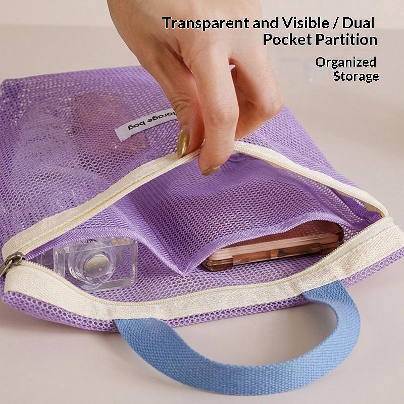 Breathable Mesh Cosmetic Storage Bag Secure Zipper Design Comfortable Grip Handle Portable Makeup Pouch for Vacation