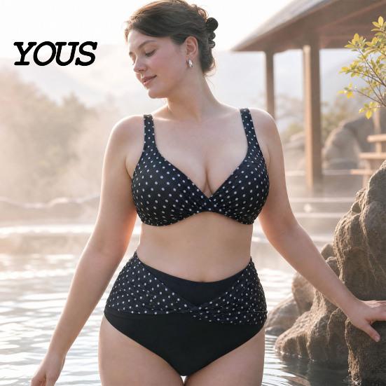 Plus Size Women Swimwear 2Pcs/Set Bikini Set, Cross-Chest V-Neck Bra with Built-In Support, Hong Kong Style High-Waisted Twist Swim Bottoms, Retro Dot