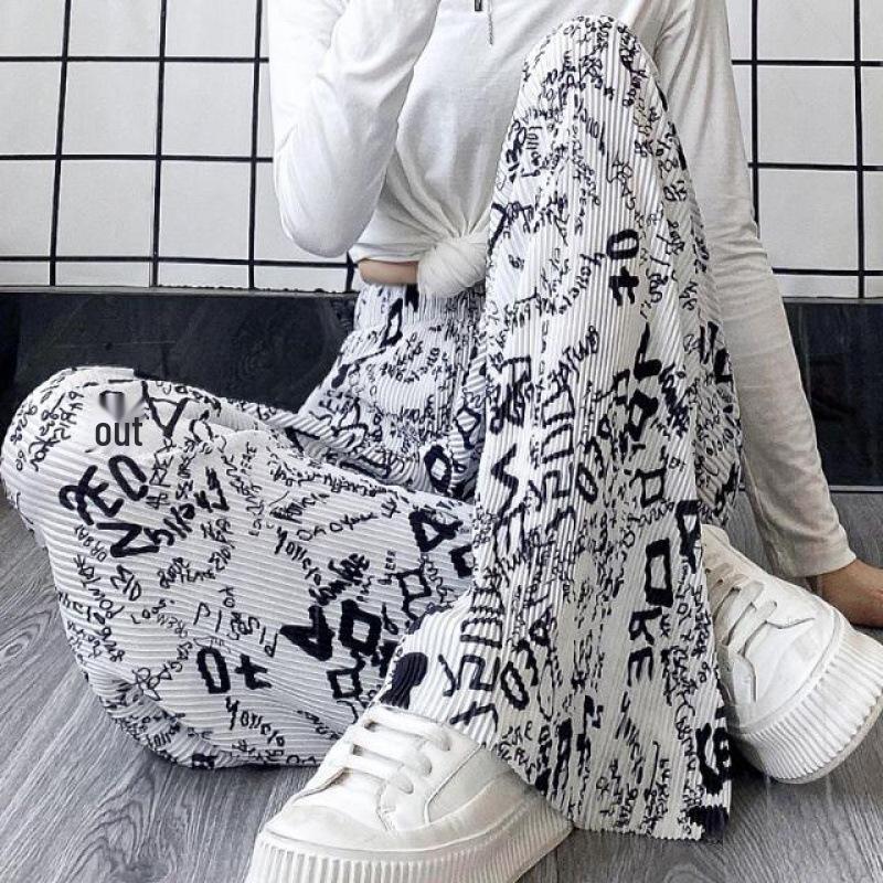 

Plus Size Graffiti Print Black & White Casual Straight-Leg Pants - Women s Summer Floor-Length Style 2XL белый