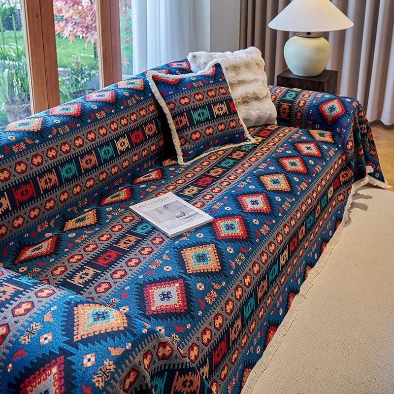 Boho Retro Sofa Cover Cotton Linen Pet Scratch Resistant Anti-Slip All-Season One-Piece Sofa Blanket