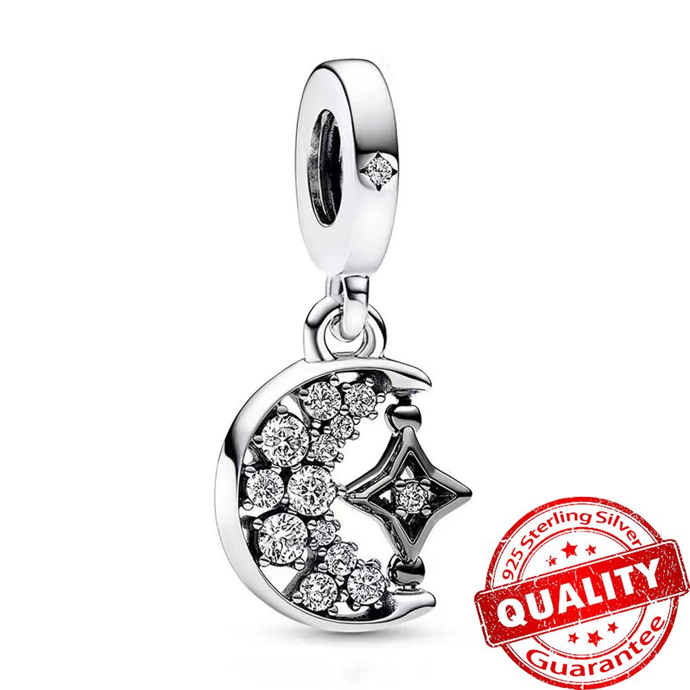 Autentyczny Miedziany Charms Błyszcząca Gwiazda Księżyc i Słońce Wisiorek Pasuje do Oryginalnych Bransoletek DIY Naszyjnik Damski Biżuteria Prezent