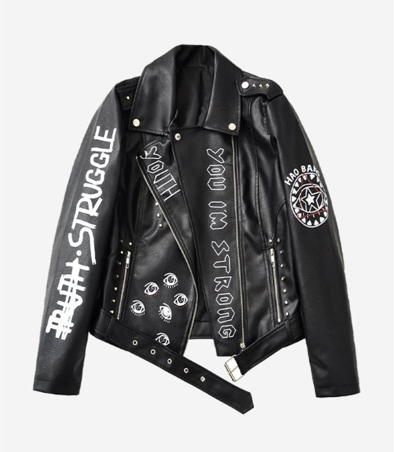 

Womens PU Leather Jacket with Zipper Closure Rivet Details Long Sleeve Moto Style Outerwear for Spring and Fall Casual Wear XXL чёрный