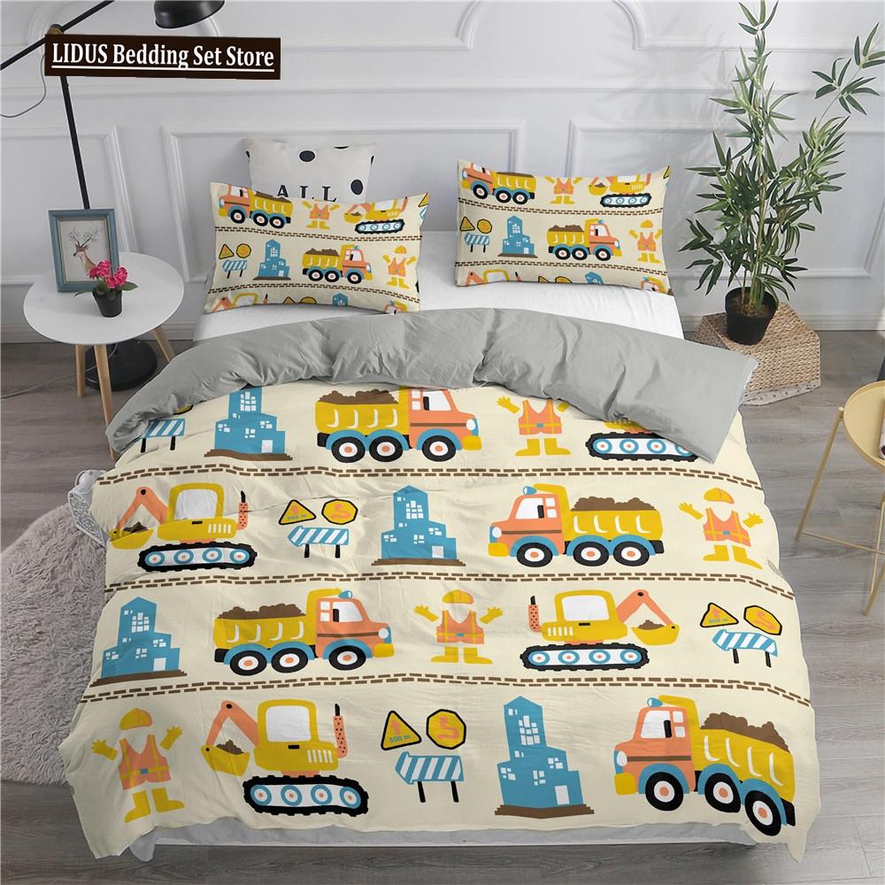Cartoon Feuerwehrauto King Queen Bettwäscheset für Jungen Kinder Betonmischer Bettbezug Traktor Kran Bagger Polyester Quiltbezug
