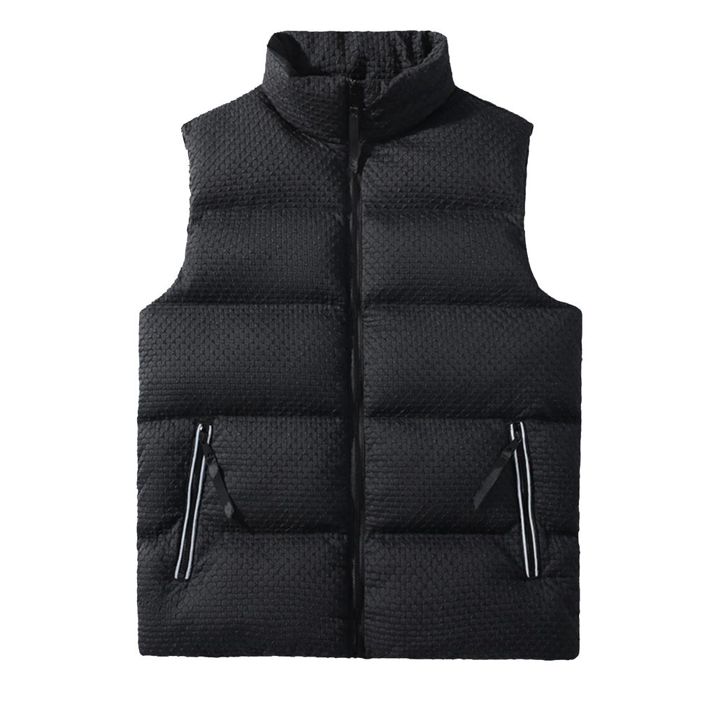 Pánská ležérní barevně blokovaná embosovaná vesta z prachového peří a bavlny, Pánská zesílená volná bunda bez rukávů se stojáčkem na zip