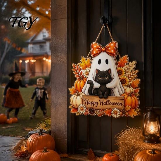 Autumn Theme Sign Halloween Wooden Hanging Sign, Happy Door with Gnomes/Ghosts, Retro Festive Window Harvest Festival Wall Decoration for Home