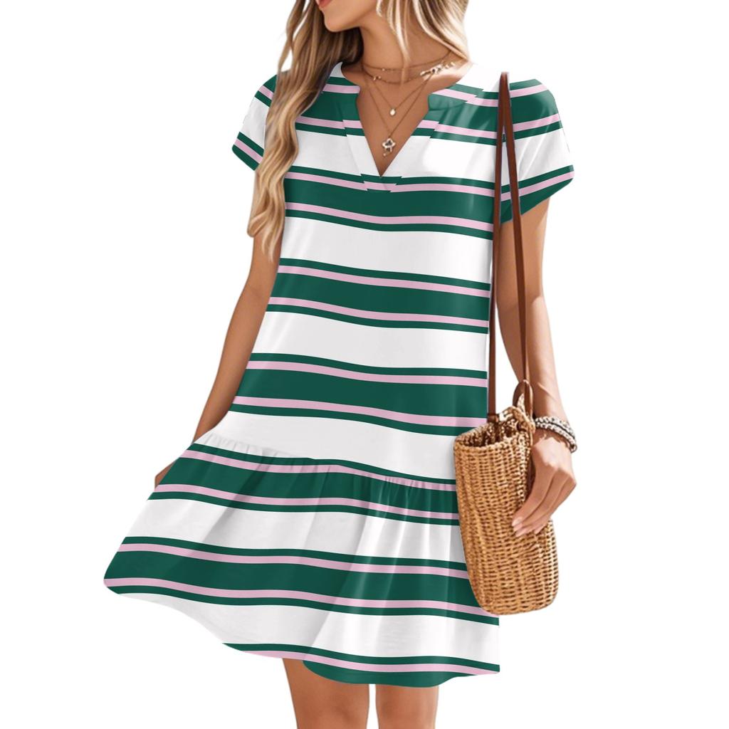 Dámské šaty s krátkým rukávem s výstřihem do V, květinovým potiskem, volné, ležérní, temperamentní, plážové šaty