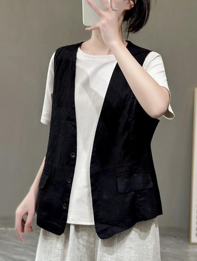 Women Linen Vest Summer Solid Color Sleeveless Waistcoat Single‑Breasted Button Casual Commuter Open Top