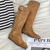 Height Increasing Western Cowboy Boots for Women Suede Knee-High Black Long Boots Vintage Style Chunky Heel Footwear Botas Mujer