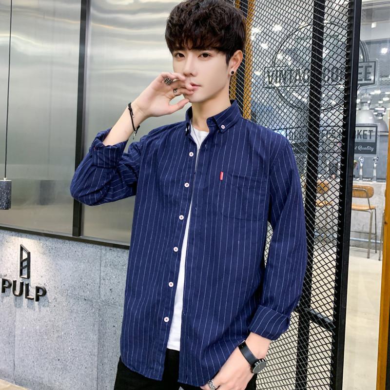 Men's Long-sleeved Korean Version of Trendy Handsome Men's Clothes Trendy Men's Spring and Autumn Tops Casual Striped Shirts