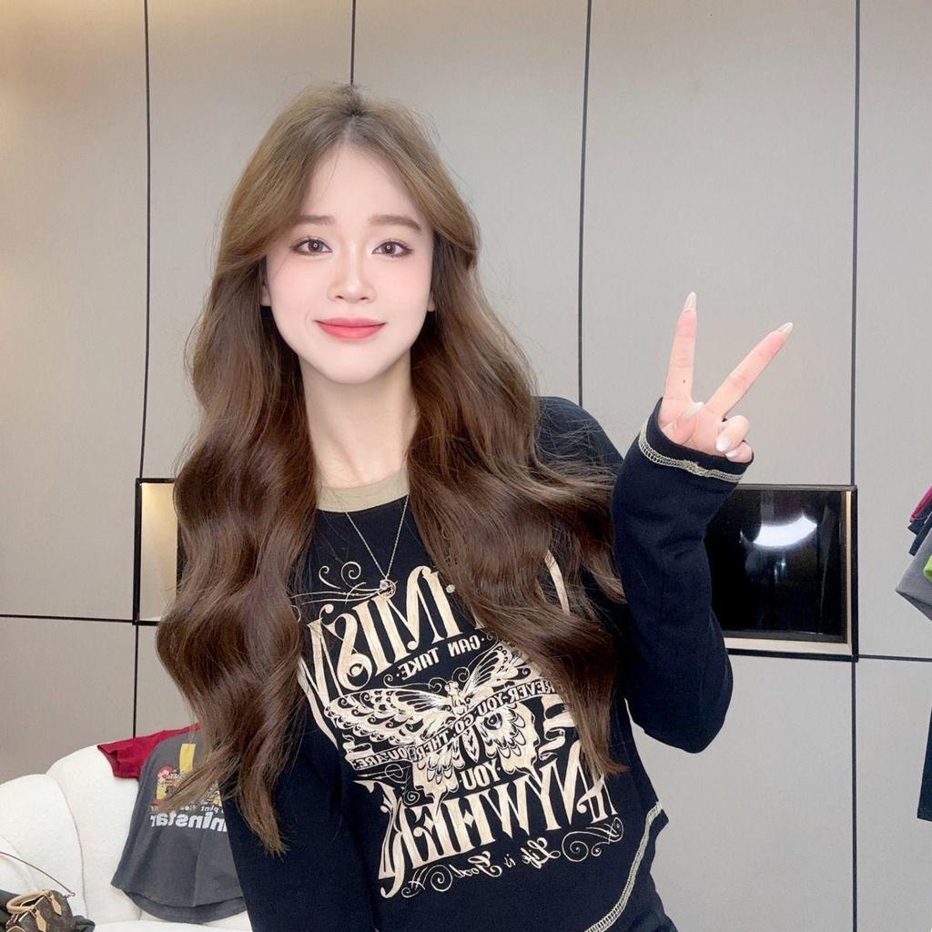 Women's Plus Size Retro American Letter Print Slimming Long Sleeve Cropped T-shirt for Spring/Autumn