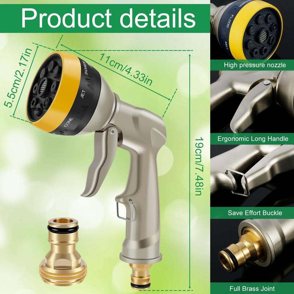 Watering Gun with 8 Adjustable Modes Garden Water Gun High Pressure Water Hose Spray Head Lawn Watering Sprinkler