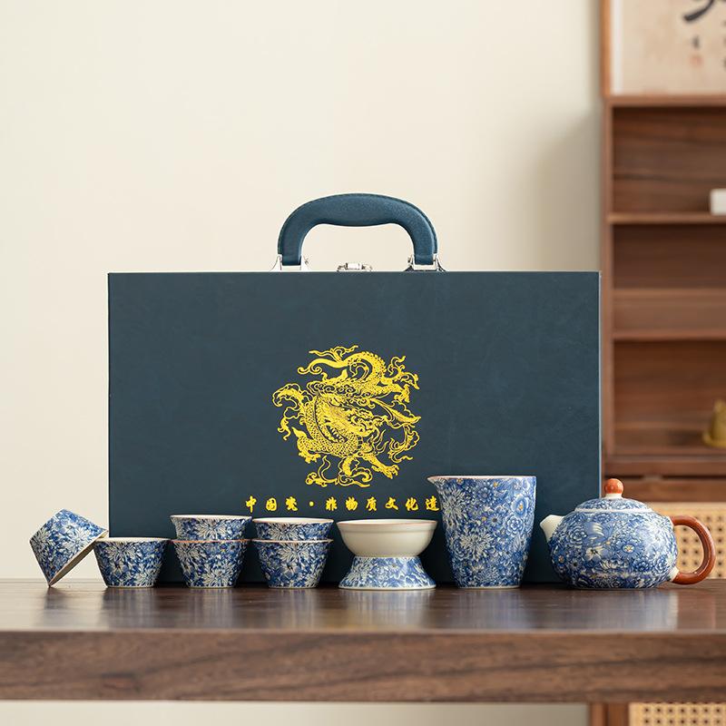 Ru kiln open tea set gift box set retro flower light luxury high-end