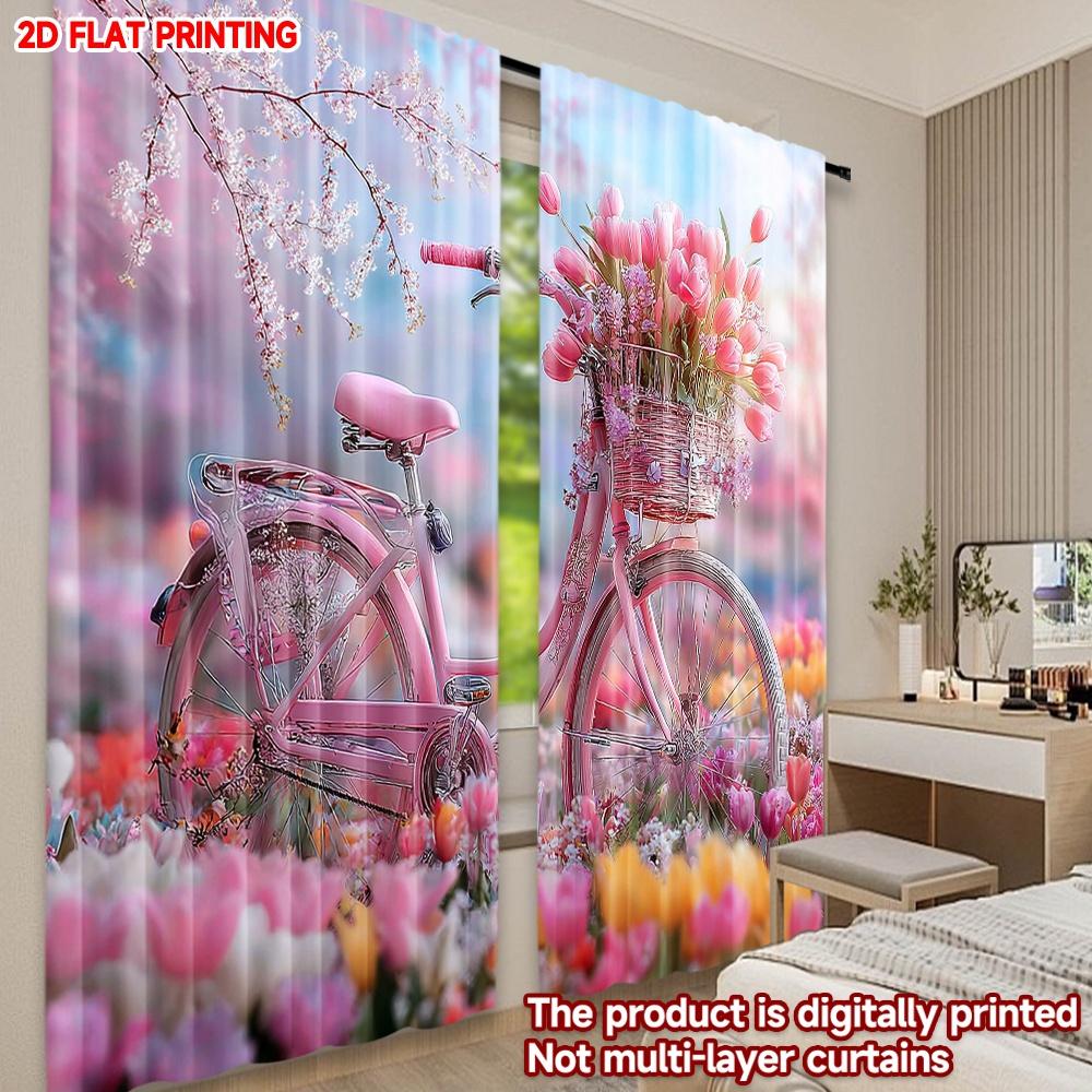 Flat Printing Happy Valentine Day Scene Curtain Pink Bicycle Tulips Digital Printed Polyester Drapes Holiday Curtains Set Of 2 Made