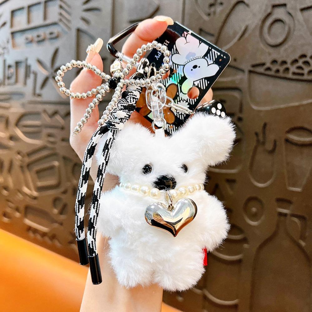 Pearl Heart Necklace Plush Dog Doll Keychains PP Cotton Dog Plush Doll Pendant  Hanging Ornaments