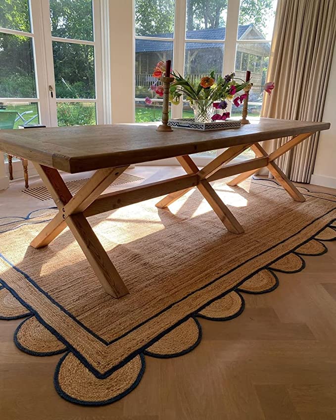 

Зубчатые джутовые коврики с синей каймой, прямоугольный джутовый коврик ручной работы с зубчатым бохо-декором 90cm x 150cm естественный