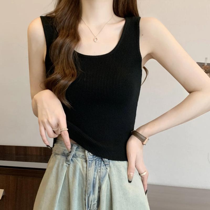 Vestă Tricotată Albă cu Bretele pentru Femei cu un Nou Stil de Vară Îmbrăcăminte pentru Femei Guler Pătrat cu Claviculă Dezgolită Top de Bază Fără Mâneci