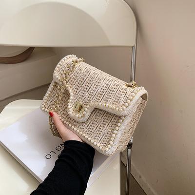 Damska słomiana torba na ramię z łańcuszkiem, mała kwadratowa torba plażowa, kobieca torba typu crossbody z pereł, nowa moda