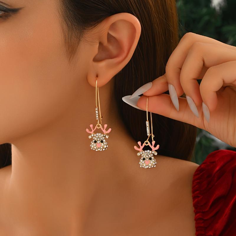 

Elegant Long Drop Encrusted Deer Antler Earrings with Pink Bow Dangling Hoops for Women Christmas Party Everyday Jewelry Gift