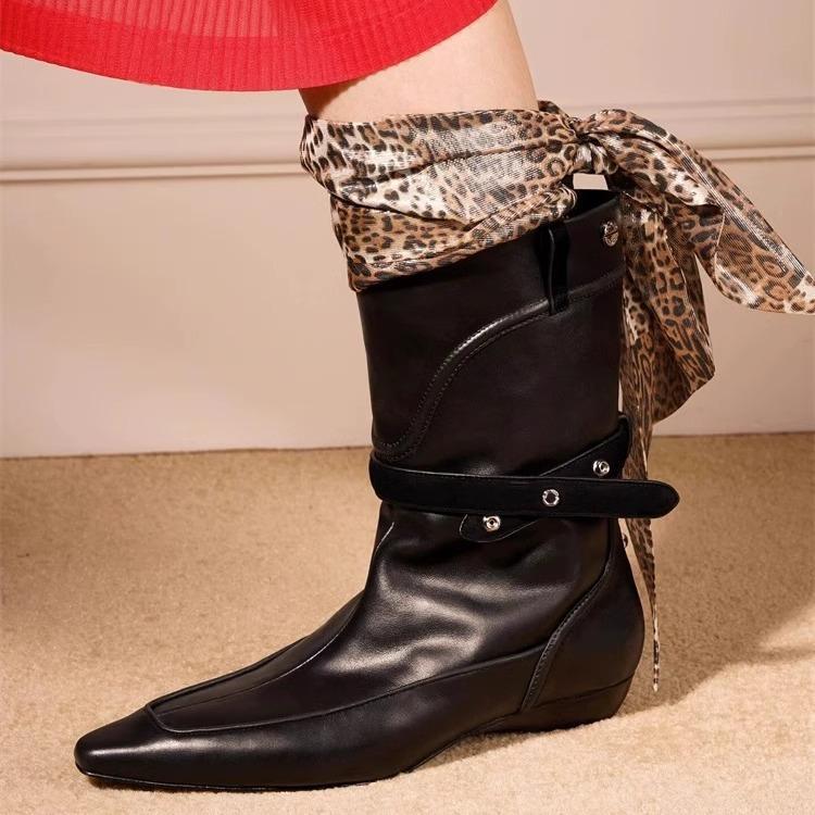 Cowhide version~ 2025 new Korean version leather pointed western cowboy boots women's thick heel buckle short knight boots