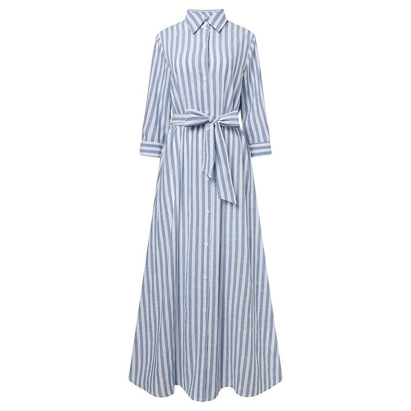 Striped Long Sleeve Pocket Cardigan Belt Oversized Shirt Dress