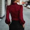 European and American temperament commuting long-sleeved bubble sleeves slim-fitting V-neck woven shirt top