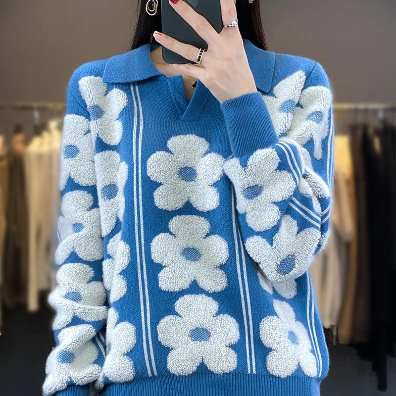 Lapel Contrasting Thickened Cardigan for Women In Autumn and Winter New Style Flower Jacquard Wool Sweater Fashionable and Versatile Base Shirt