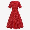 Women Retro Elegant Round Neck Short Sleeve Polka Dot Waist Tied Flared Midi Dress