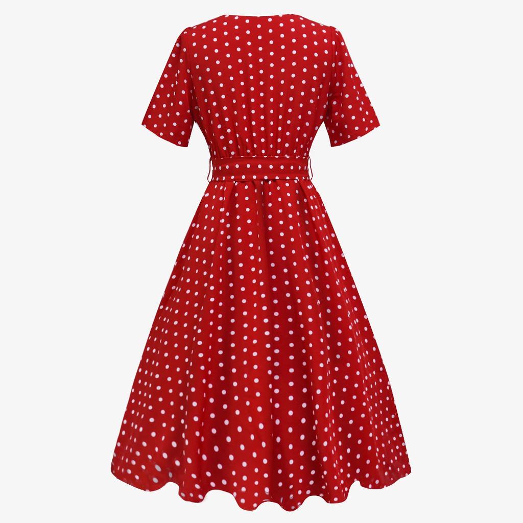 Women Retro Elegant Round Neck Short Sleeve Polka Dot Waist Tied Flared Midi Dress