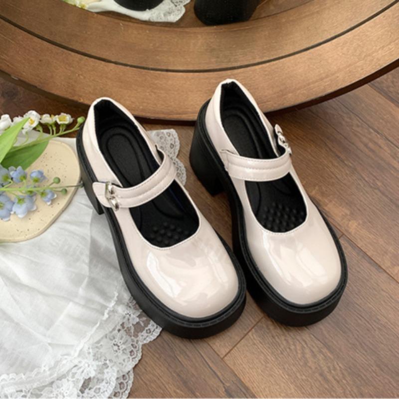Fashion Women's Shoes Fashion Loafers Round Toe Buckle Platform High Heels Shoes PU Leather British Retro Dresses French Mary Jane Shoes