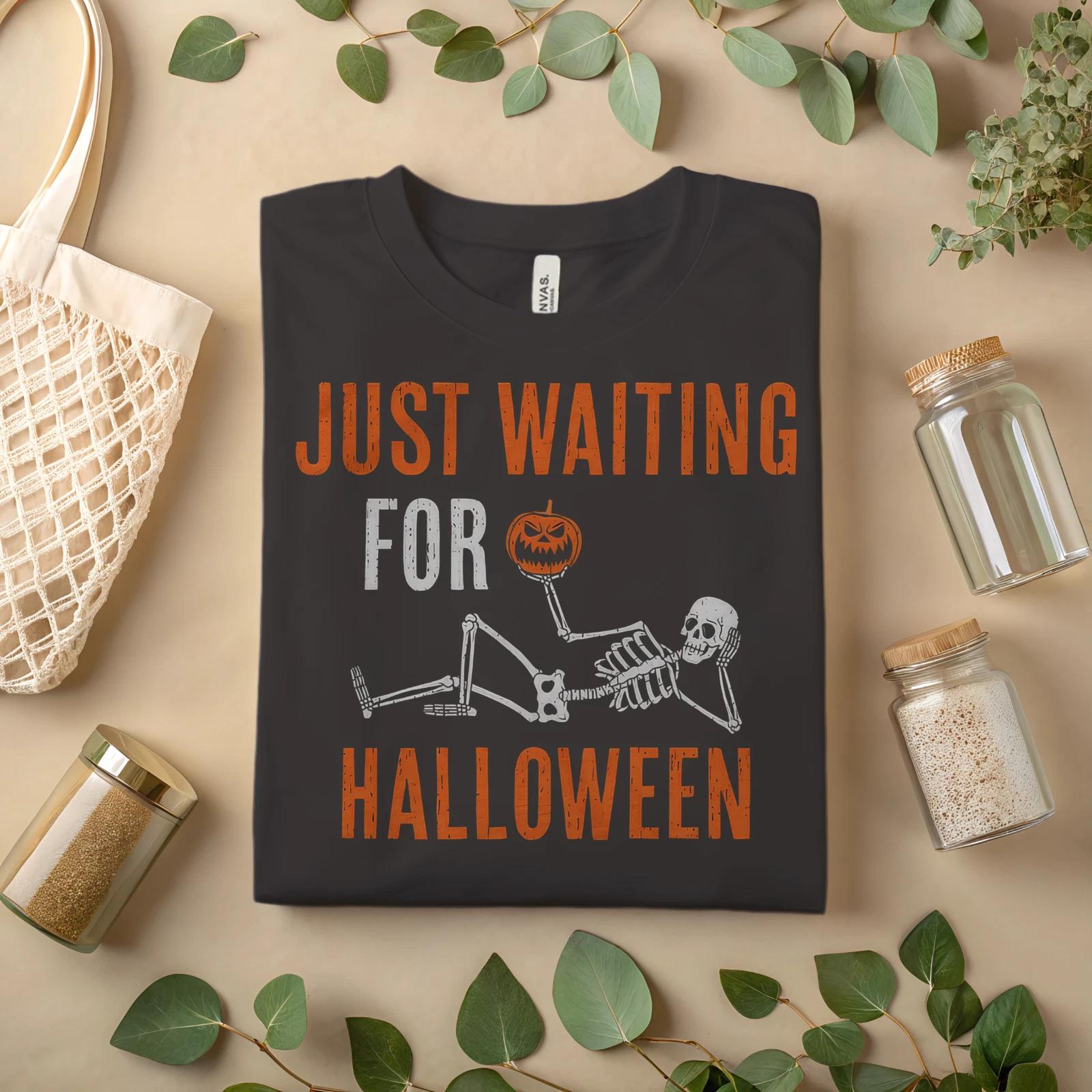 Funny Skeleton Halloween Shirt – Just Waiting for Halloween Pumpkin T-Shirt A407 L