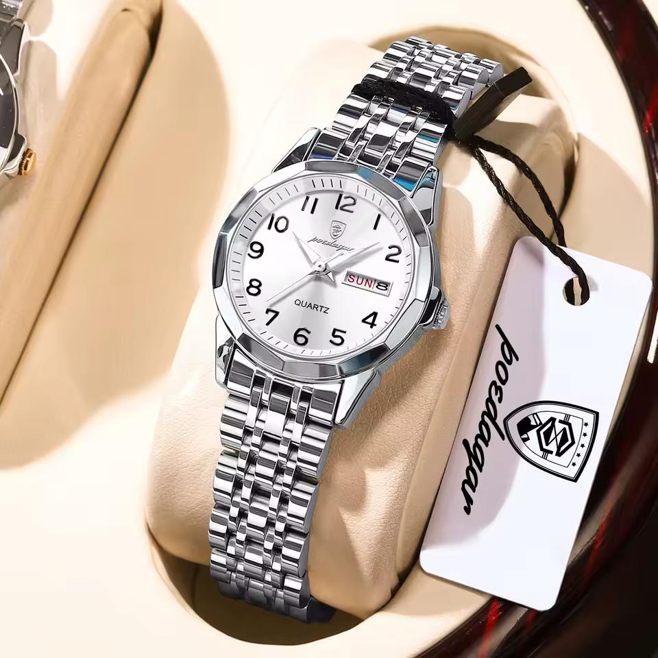 POEDAGAR Montre-bracelet étanche lumineuse à date en acier inoxydable pour femme, Montres tendance pour dames, Cadeaux pour femmes