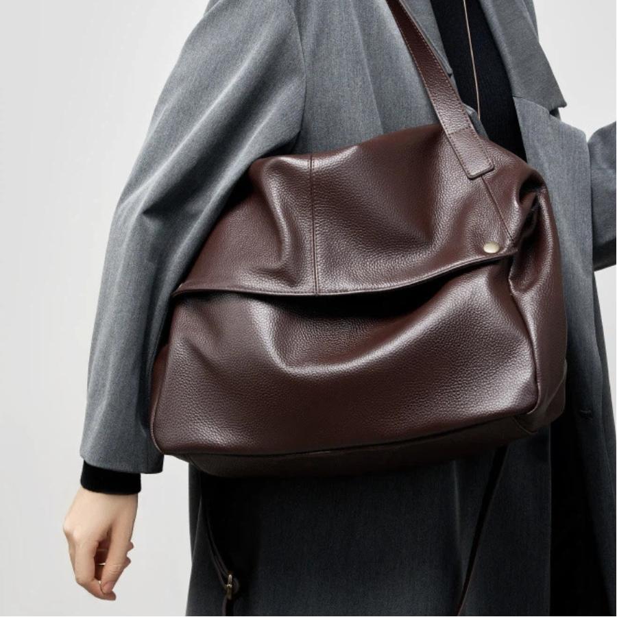 Echtes Leder Große Kapazität Damen Schulter Umhängetaschen Weiches Leder Einfache Lässige Damen Große Tragetasche Weibliche Satteltasche