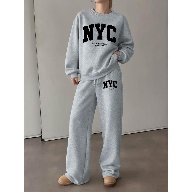Women's Crewneck Sweatshirt & Drawstring Straight-Leg Pants 2-Piece Set, Printed Fall/Winter Loungewear Set