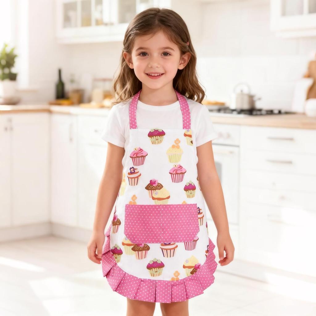 ASPMIZ Cupcake Kids Apron, Pink Baking Bib Apron for 2-6 Years Child, Cute Chef Apron with Pockets for Gardening Painting, Adjustable Kitchen Apron