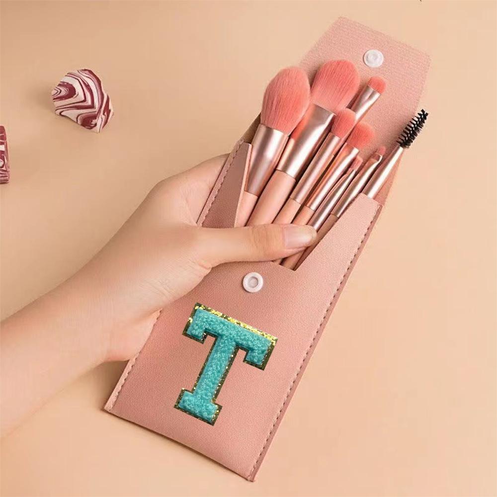 8Pcs Makeup Brush Set Portable Cosmetic Kit Pack Beauty Tool PU Bag Travel Organizer Initiial Chenille Embroidery Letter Pattern