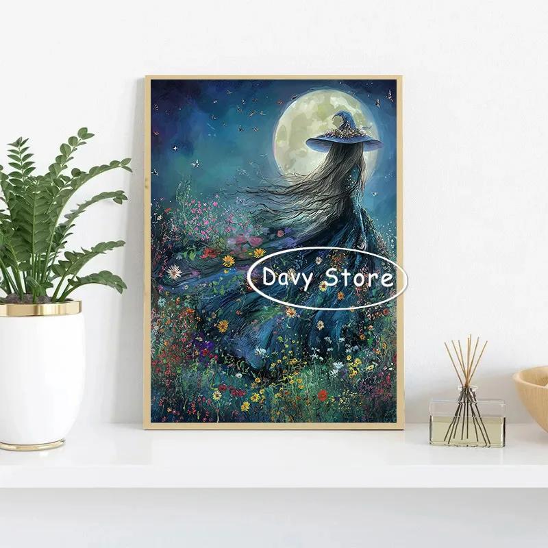 Witches Magic Mystical Print Posters Halloween Moon Witch Flowers Canvas Paintings Wall Art Picture for  Living Room Home Decor