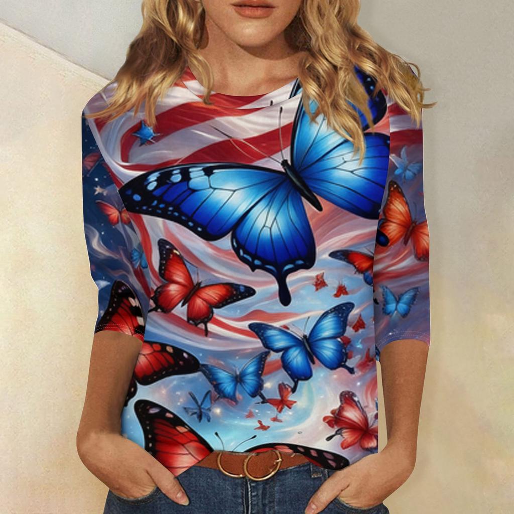 Women's Fashionable Casual Independence Day American Flag and Stars Print Neck Three-Quarter Sleeve T-Shirt Top