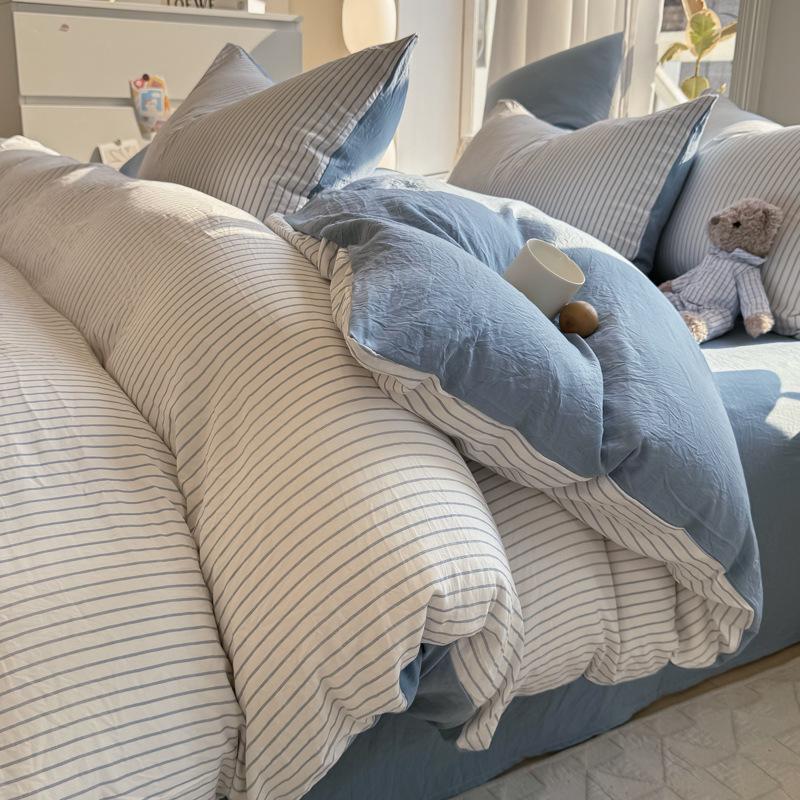 Muji-Style Striped Washed Cotton Bedding Set: Mix & Match Solid Color, Includes Duvet Cover, Bed Sheet, and Fitted Sheet. Ideal for Dorms.