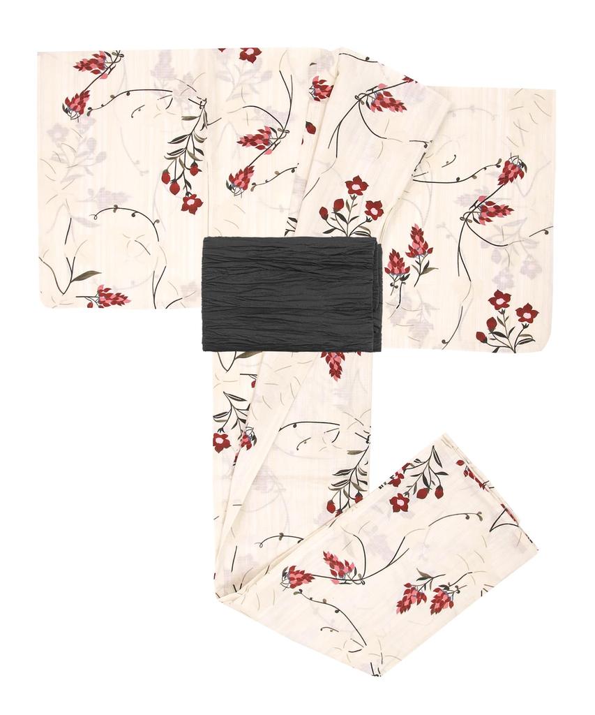 Yukata change set heiko E kudzu and red one size fits [KYOETSU] set, weave, unbleached, 2-piece (yukata, obi), women's (7. bellflower, all)