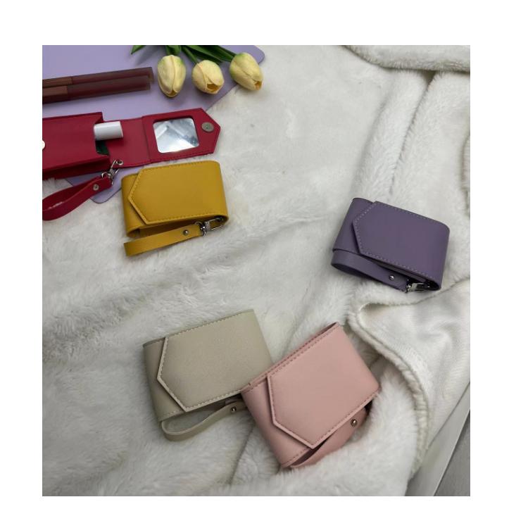 RTS Makeup Lipstick Case Pu Leather Lipstick Pouch With Mirror, Wristlet Cosmetic Bag with Keychain, Holds up to 3 Lipsticks