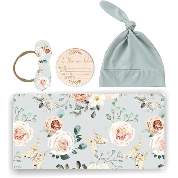 Baby Swaddle Set Newborn Hat Headband Beanie Swaddling Blanket Newborn Infant Swaddle Hat Baby Blankets for Baby Girl Boy