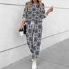 Women Geometric Pattern Print Two Piece Outfit, Long Sleeve Crew Neck Top & Drawstring Jogger Pants Casual Tracksuit for Spring Autumn